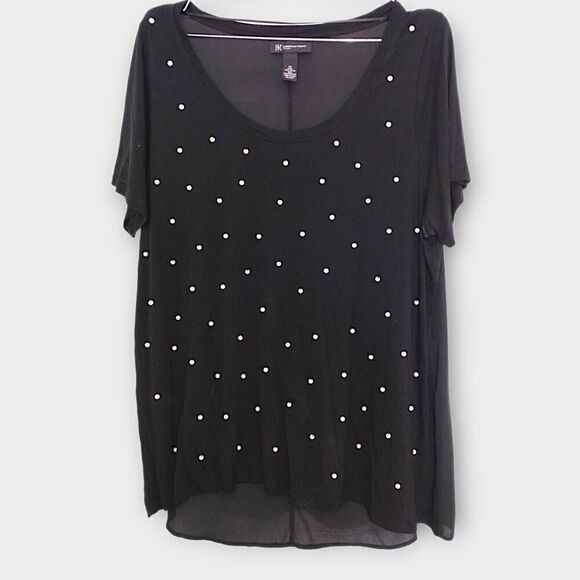 INC Womens‎ Tee Sz  Black White Pearls Short Sleeves Chiffon Back Cottagecore - Picture 1 of 8